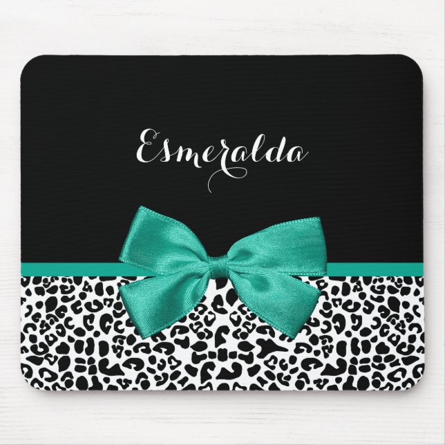Leopard Print Emerald Green Ribbon Bow Chic Name Mouse Mat (Front)