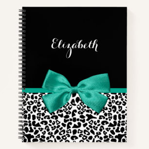 Leopard Print Emerald Green Ribbon Bow Chic Name Notebook
