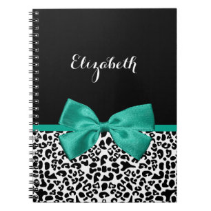 Leopard Print Emerald Green Ribbon Bow Chic Name Notebook