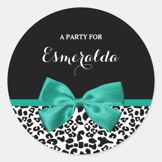 Leopard Print Emerald Green Ribbon Bow Party Name Classic Round Sticker (Front)