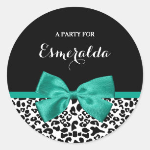Leopard Print Emerald Green Ribbon Bow Party Name Classic Round Sticker