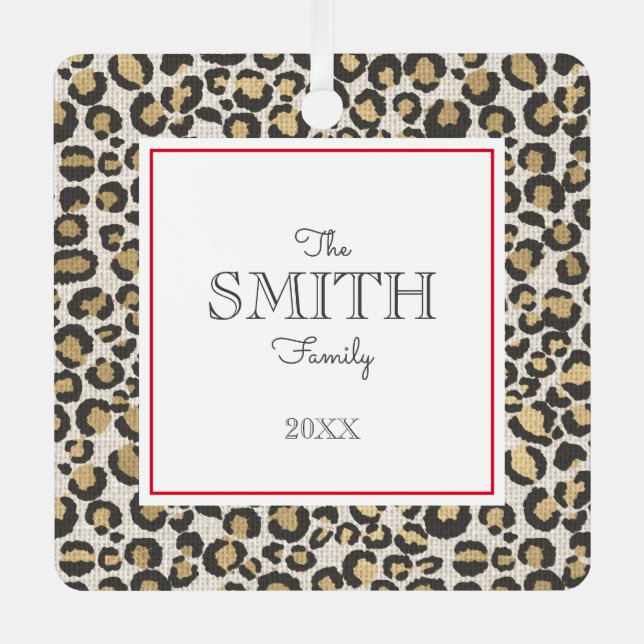 Leopard Print Family Photo Name Year Red Chic Metal Tree Decoration (Front)