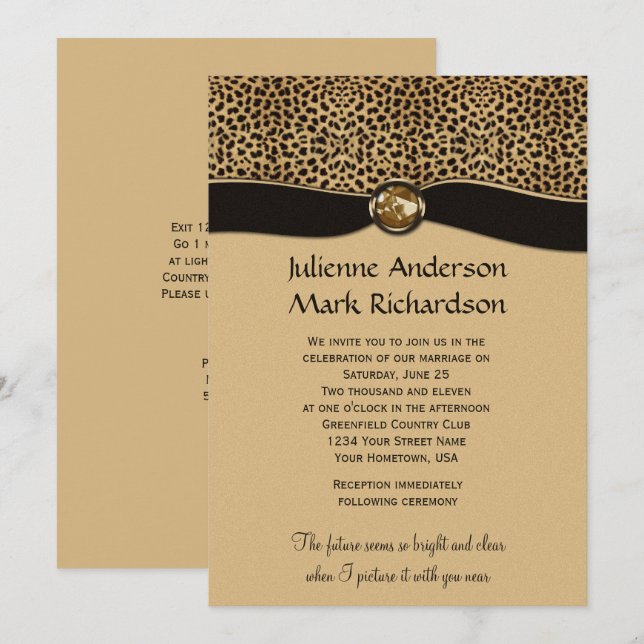 Leopard Print FAUX Ribbon Jewel Wedding Invitation (Front/Back)