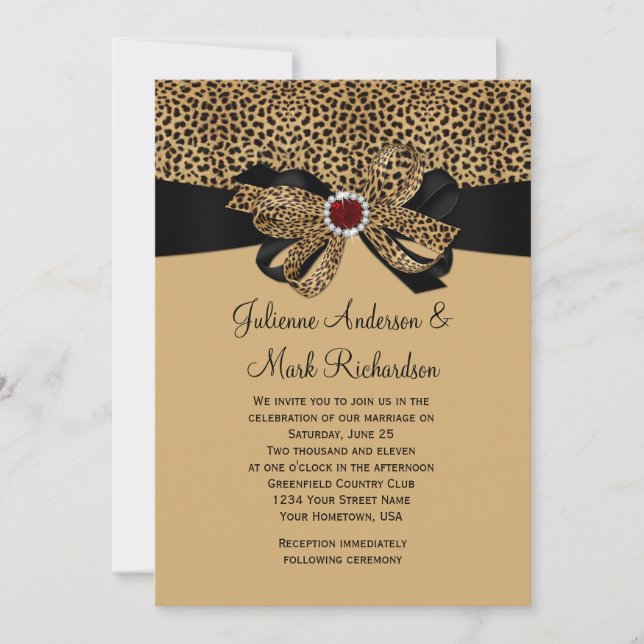 Leopard Print FAUX Ruby Diamonds Ribbon Wedding Invitation (Front)