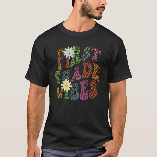 Leopard Print FIRST GRADE VIBES Teacher Peace Love T-Shirt (Front)