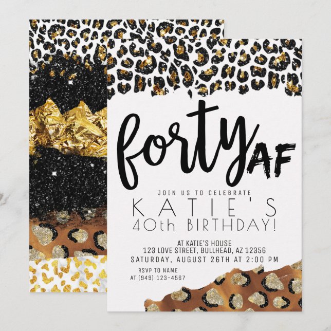 Leopard Print Forty AF Gold Glitter 40th Birthday Invitation (Front/Back)