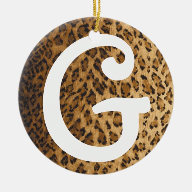 Leopard Print G monogram initials Ceramic Tree Decoration (Front)