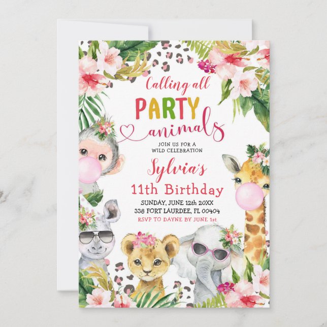 Leopard Print Girl Safari Animals Birthday Party Invitation (Front)