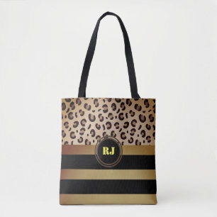 Leopard Print Gold Black Strips Two Tone Monogram  Tote Bag