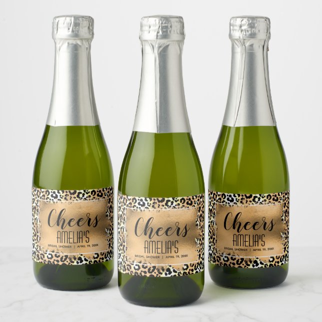Leopard Print Gold Faux Foil Cheers Mini Sparkling Wine Label (Bottles)