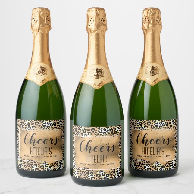 Leopard Print Gold Faux Foil Cheers Sparkling Wine Label (Bottles)
