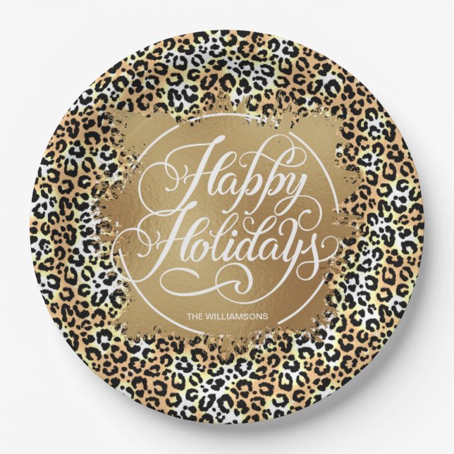 Leopard Print Gold Faux Foil Holidays Paper Plate (Front)