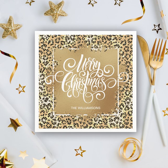 Leopard Print Gold Faux Foil Merry Christmas Napkin (Creator Uploaded)