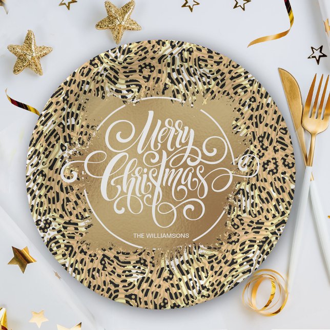 Leopard Print Gold Faux Foil Merry Christmas Paper Plate (Creator Uploaded)