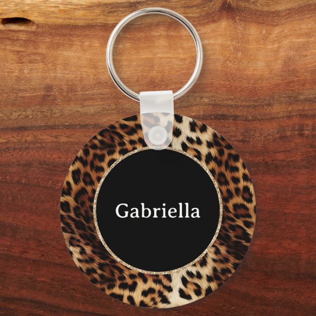 Leopard Print Gold Glitter Sparkle Frame  Key Ring (Front)