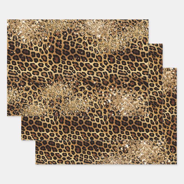 Leopard Print Gold Glitzy Sparkle Glitter  Wrapping Paper Sheet (Set)
