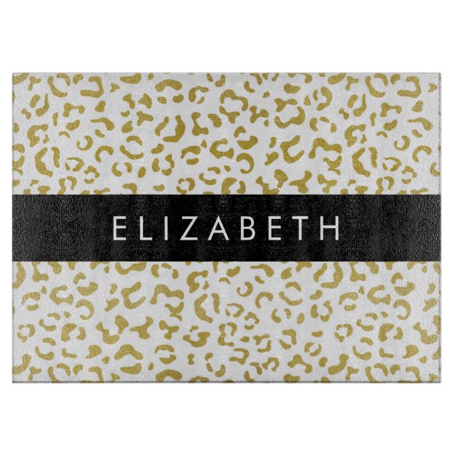 Leopard Print, Gold Leopard, Glitter, Your Name Cutting Board (Front)