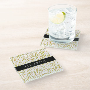 Leopard Print, Gold Leopard, Glitter, Your Name Glass Coaster