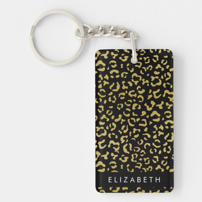 Leopard Print, Gold Leopard, Glitter, Your Name Key Ring (Front)