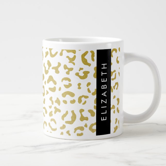 Leopard Print, Gold Leopard, Glitter, Your Name Large Coffee Mug (Right)