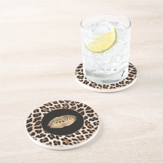 Leopard Print Gold Lips XOXO Coaster (Side)