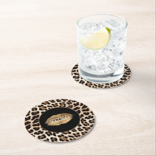 Leopard Print Gold Lips XOXO Round Paper Coaster