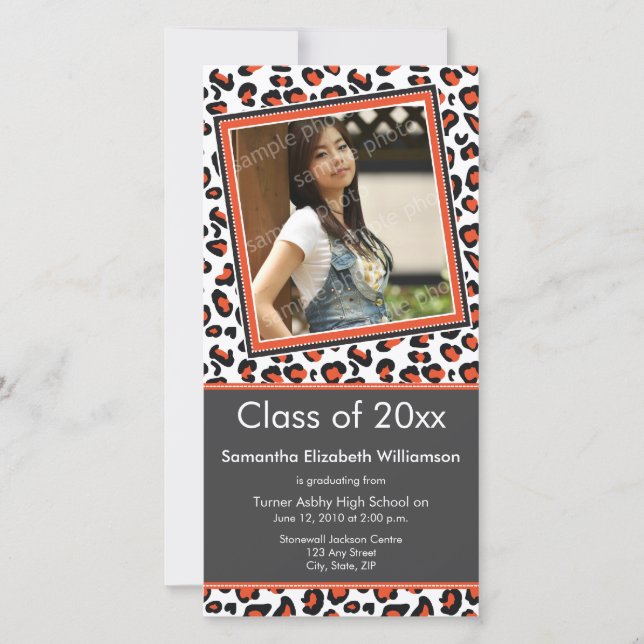 Leopard Print Graduation Photo Announcement orange (Front)