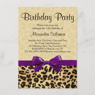 Leopard Print Grape Purple Bow Girl Birthday Party Invitation