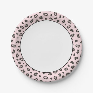 Leopard Print Grey and Black on Pink  Paper Plate