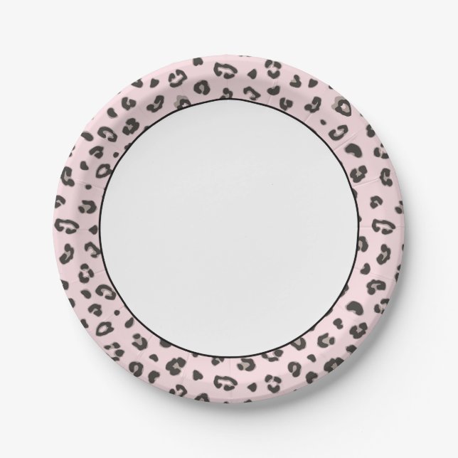 Leopard Print Grey and Black on Pink  Paper Plate (Front)