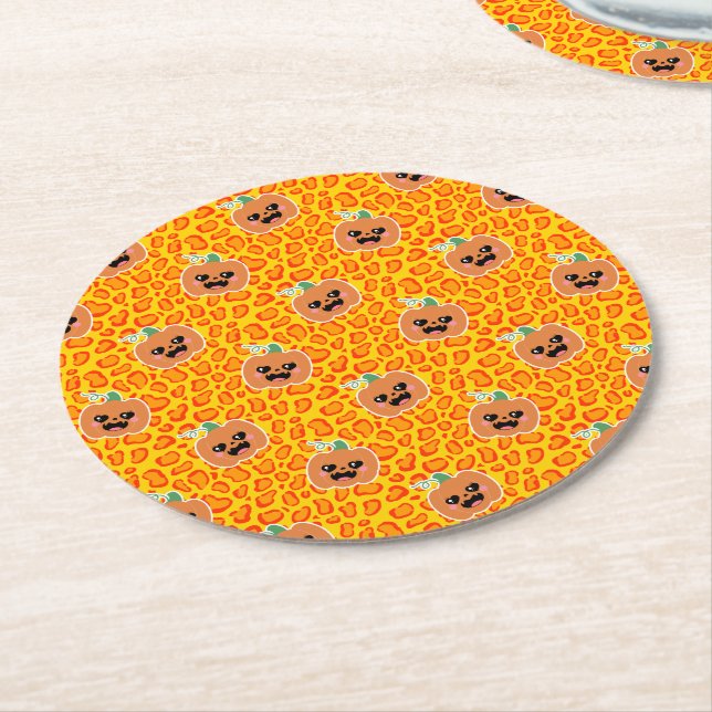 Leopard print Halloween pattern Round Paper Coaster (Angled)