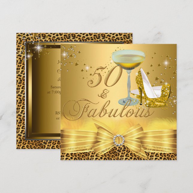 Leopard Print & Heels 50 Fabulous Gold Invitation (Front/Back)