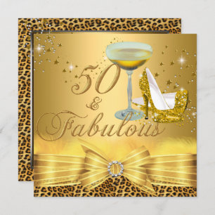 Leopard Print & Heels 50 Fabulous Gold Invitation