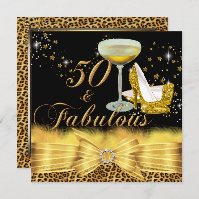 Leopard Print & Heels Gold 50 & Fabulous Birthday Invitation (Front/Back)