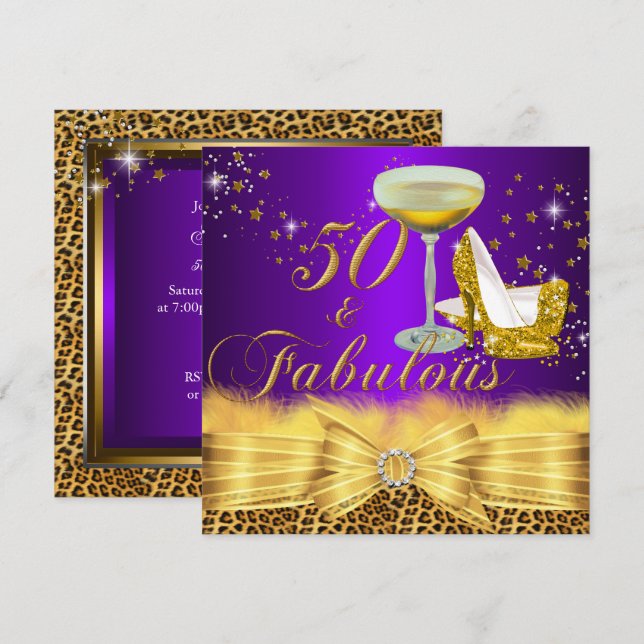 Leopard Print & Heels Purple 50 & Fabulous Invitation (Front/Back)