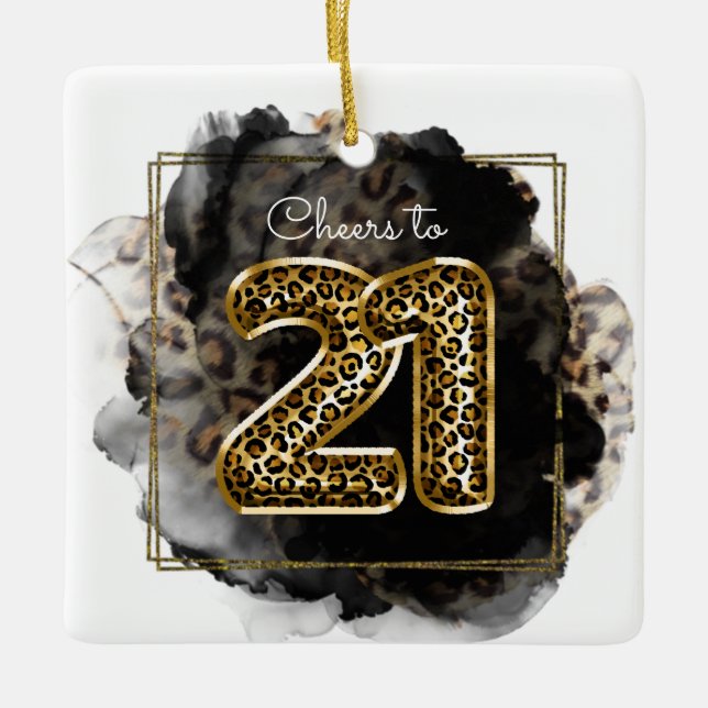 Leopard Print Hip Cheers to 21 Birthday Photo Ceramic Ornament (Front)
