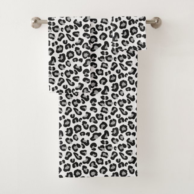 Leopard Print in Black and White with Gray / Grey Bath Towel Set (Insitu)