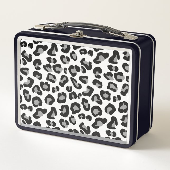 Leopard Print in Black and White with Grey / Grey  Metal Lunch Box (Front)