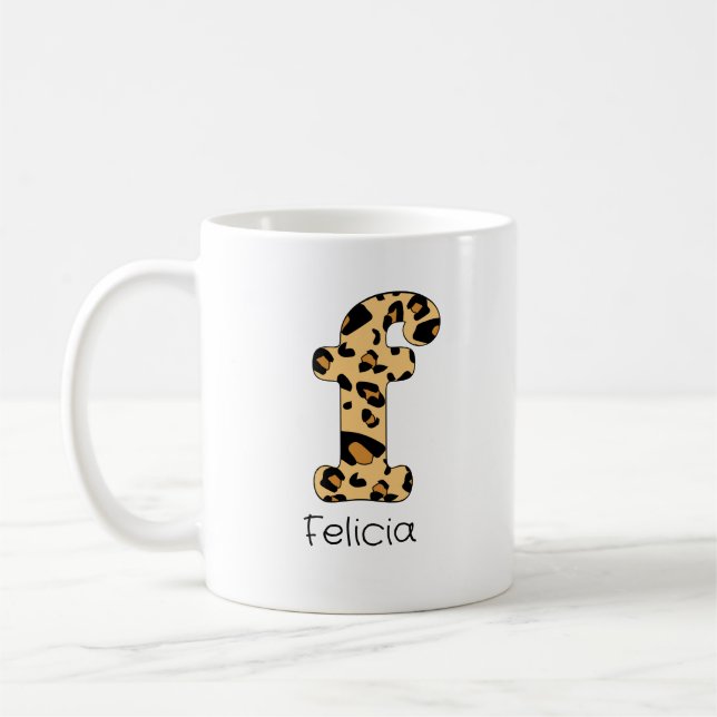 Leopard Print Initial f Lowercase and Name Coffee Mug (Left)