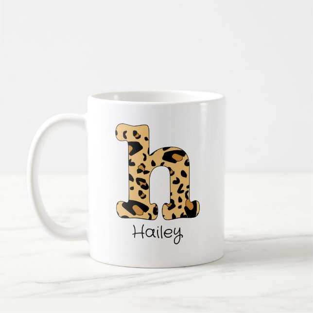 Leopard Print Initial h Lowercase and Name Coffee Mug (Left)
