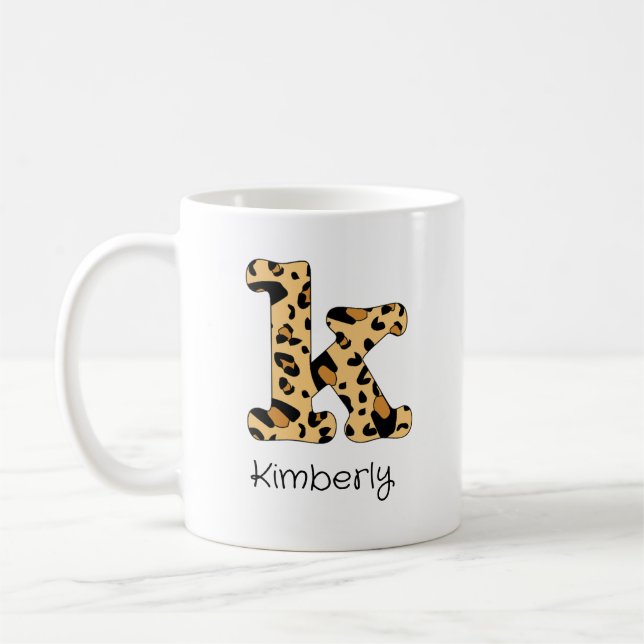 Leopard Print Initial k Lowercase and Name Coffee Mug (Left)