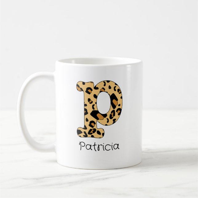 Leopard Print Initial Lowercase p and Name Coffee Mug (Left)