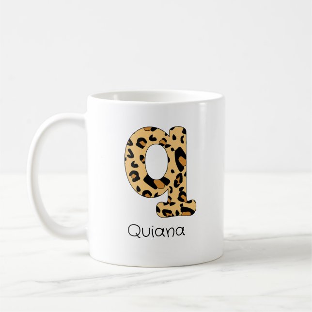 Leopard Print Initial Lowercase q and Name Coffee Mug (Left)