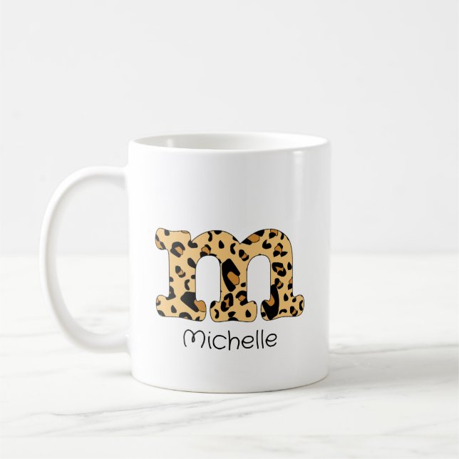 Leopard Print Initial m Lowercase and Name Coffee Mug (Left)