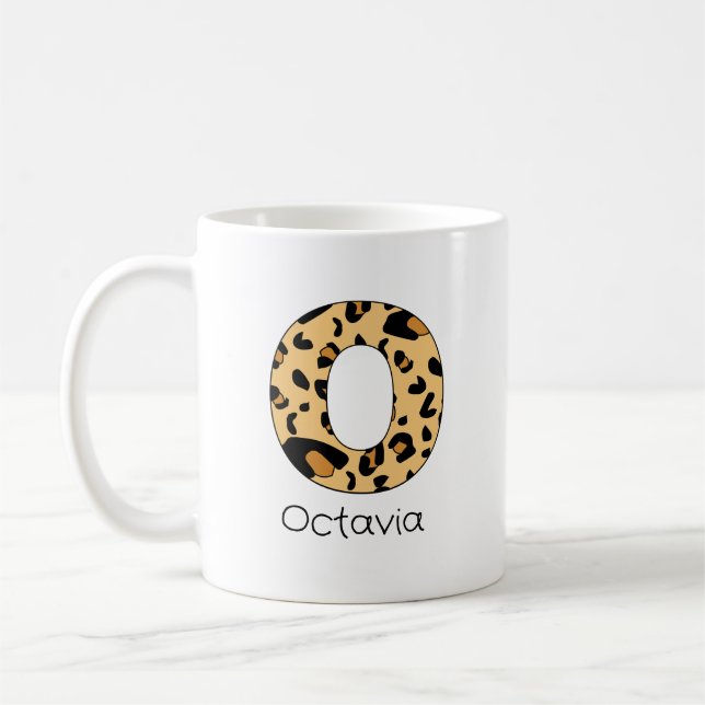 Leopard Print Initial o Lowercase and Name Coffee Mug (Left)