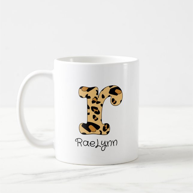 Leopard Print Initial r Lowercase and Name Coffee Mug (Left)