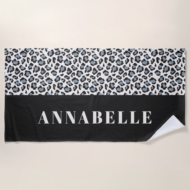 Leopard print initial typography blue modern beach towel (Front)