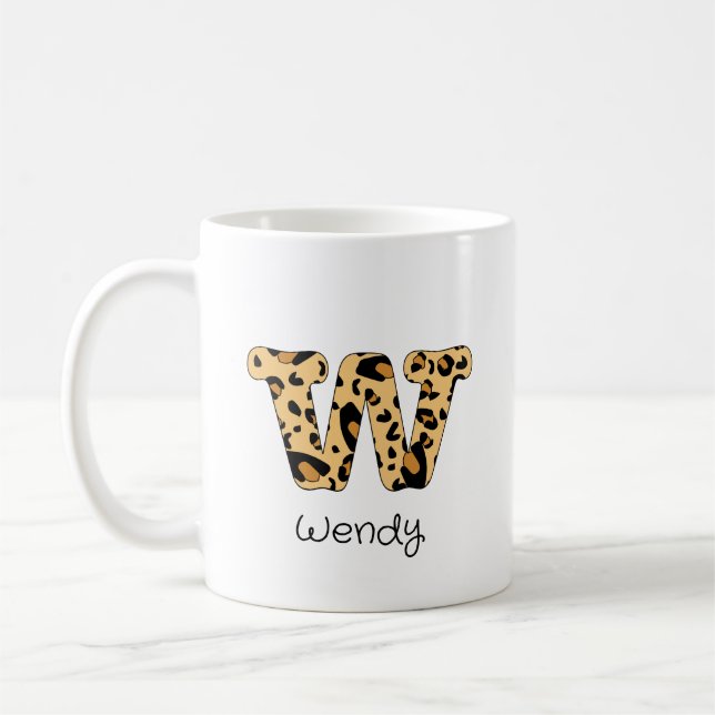 Leopard Print Initial w Lowercase and Name Coffee Mug (Left)
