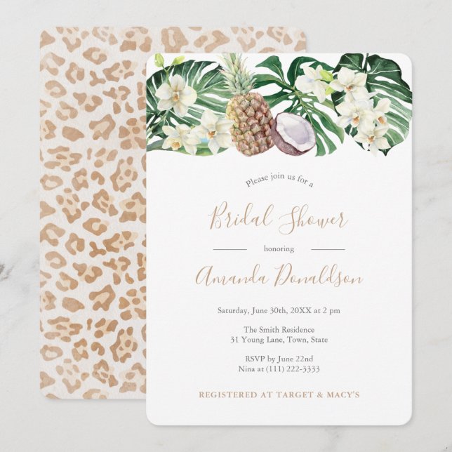 Leopard Print Jungle Leaves Bridal Shower Invitation (Front/Back)