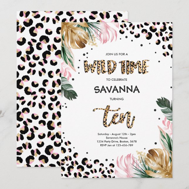 Leopard Print Jungle Safari 10th Birthday Party Invitation (Front/Back)